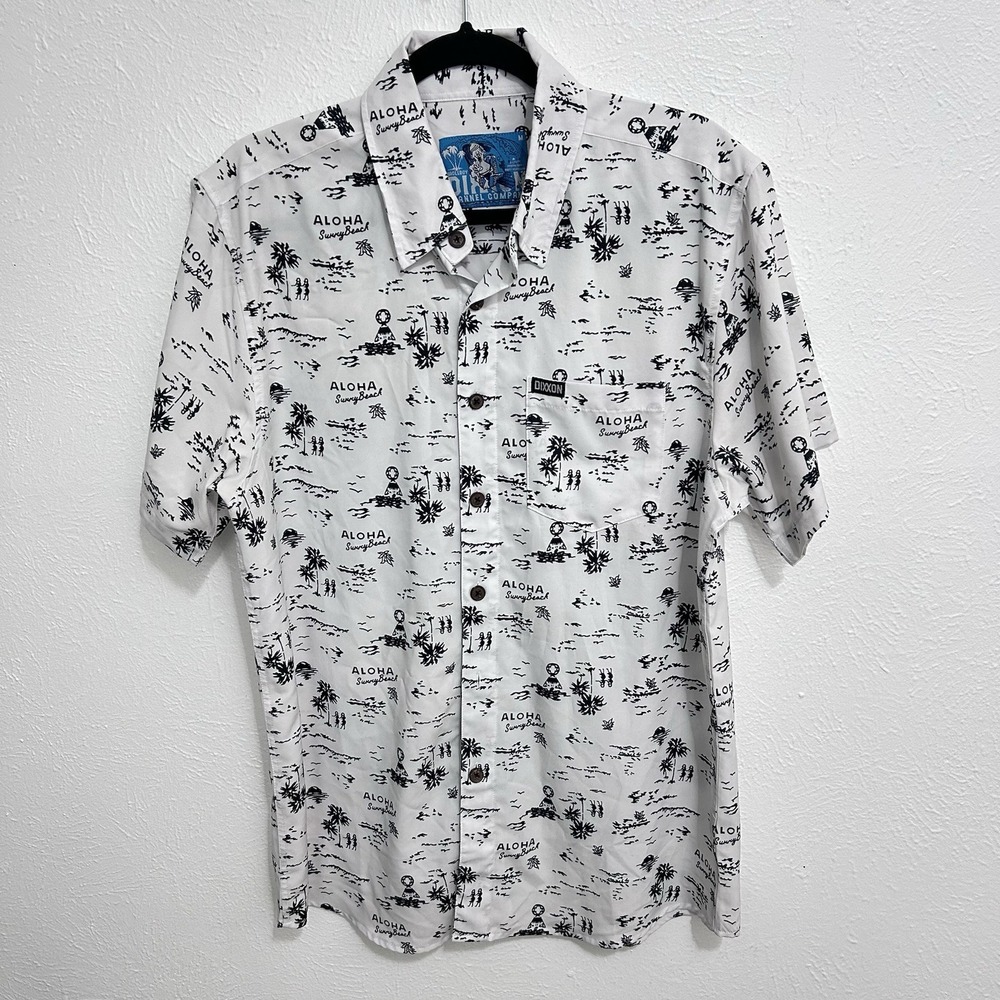 Dixxon Flannel Haole Boy Doodles Aloha Hawaiian Shirt  Sunny Beach White Black M